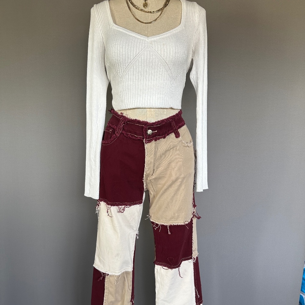 Burgundy / Khaki / White Patchwork Pants or Jeans